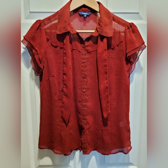 Reitmans red flutter sleeve blouse with neck tie/bow. Size Medium. - Picture 5 of 8